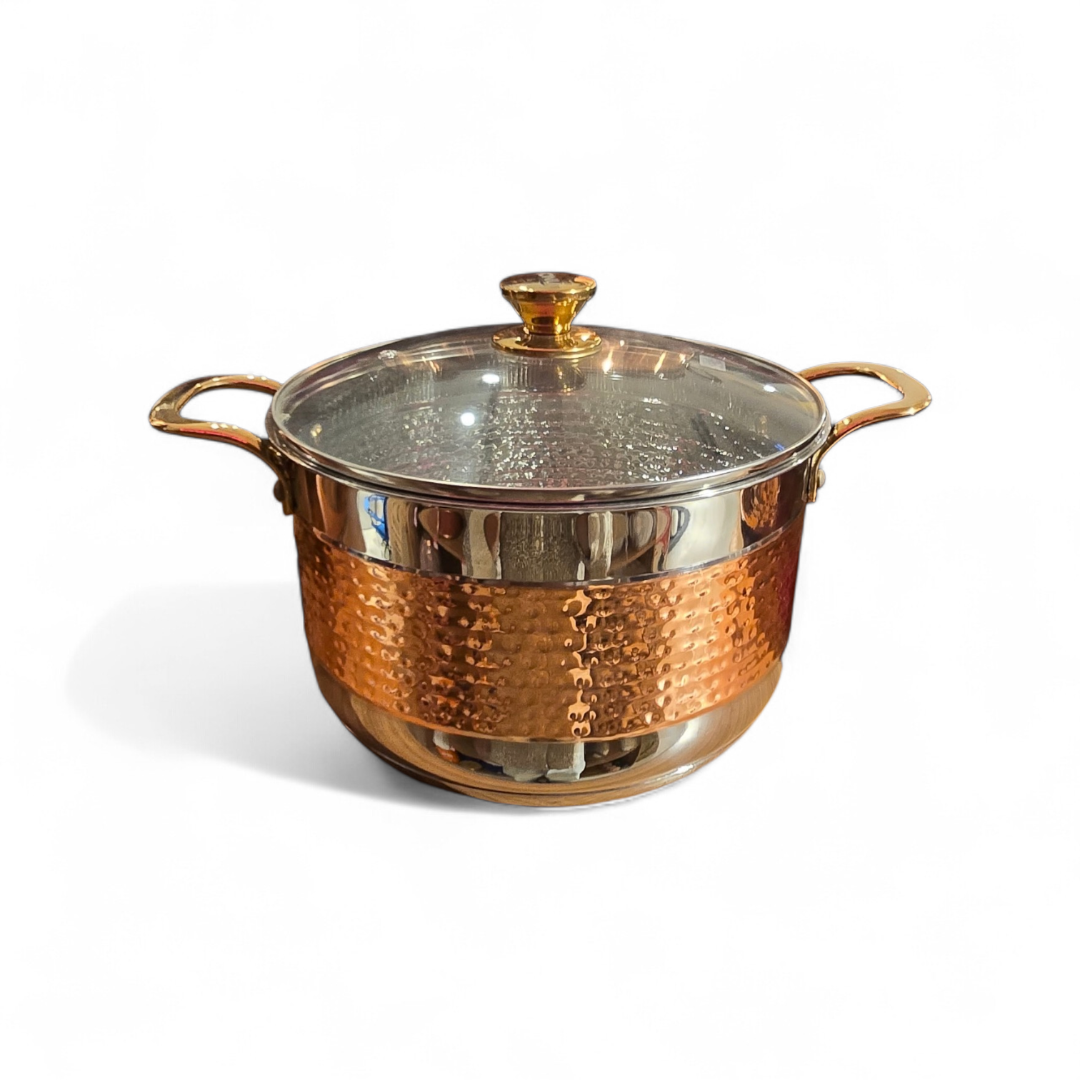 Premium Stainless Steel Stock Pot with Hammered Copper Band and Glass Lid 28CM - QSTP01 28CM