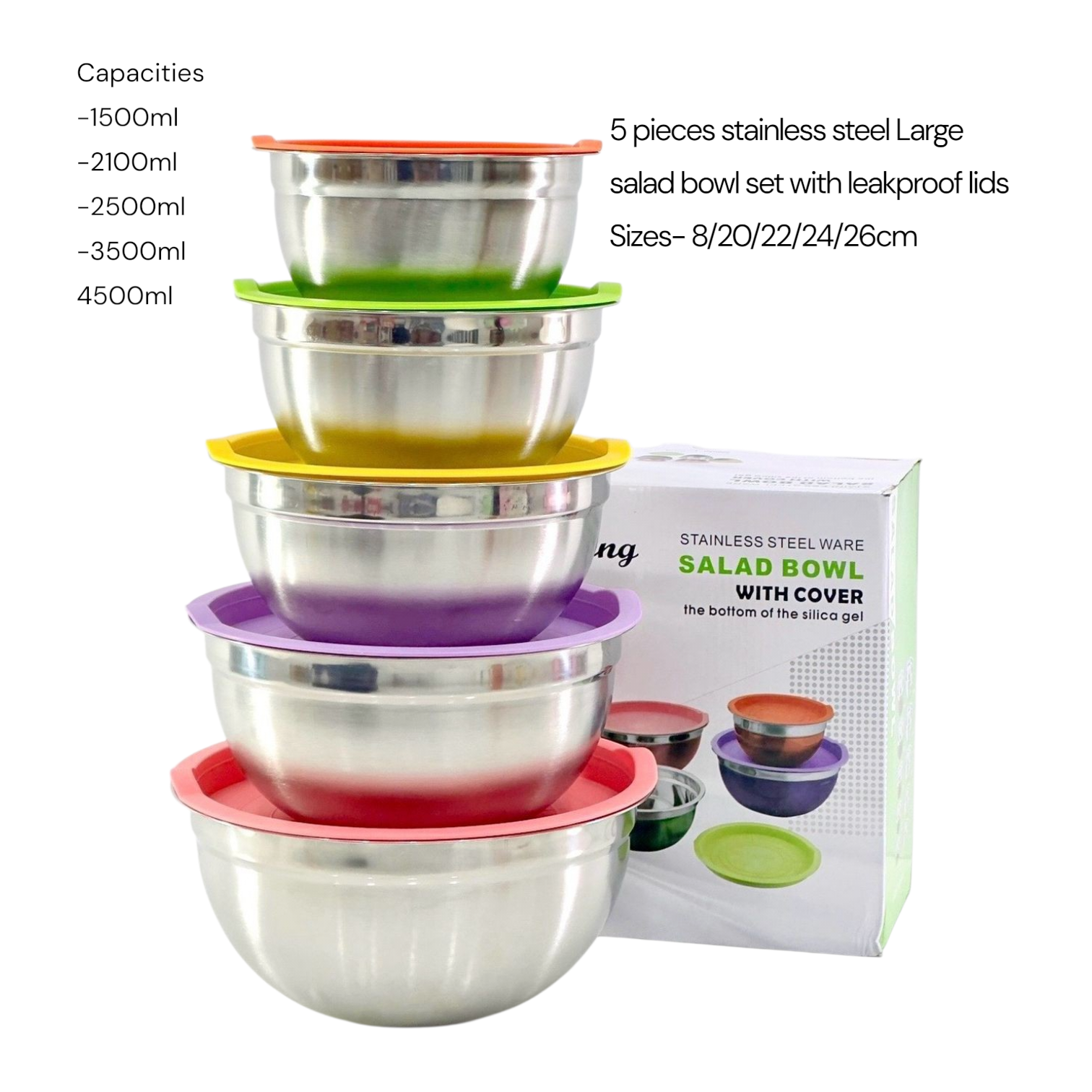 5-Piece Stainless Steel Salad Bowl Set with Lids - IE- 53703-1