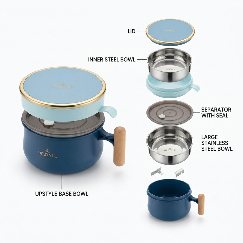 Double Layer Stainless Steel Lunch Box - 1000ml with Lid Wood Handle Separator - UPXC 533
