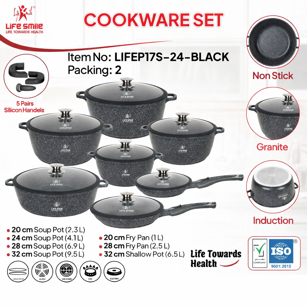 Life Smile Premium Granite Non-Stick Cookware Set with Lids LIFEP17S-24-BLACK