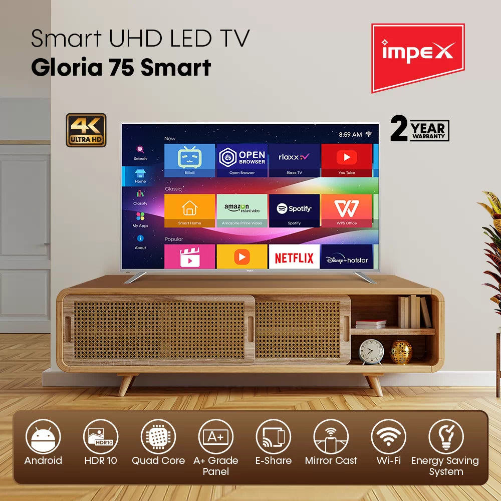 Impex Smart UHD LED TV – 75" 4K Android Smart TV with HDR10 & Quad Core Processor - Gloria 75