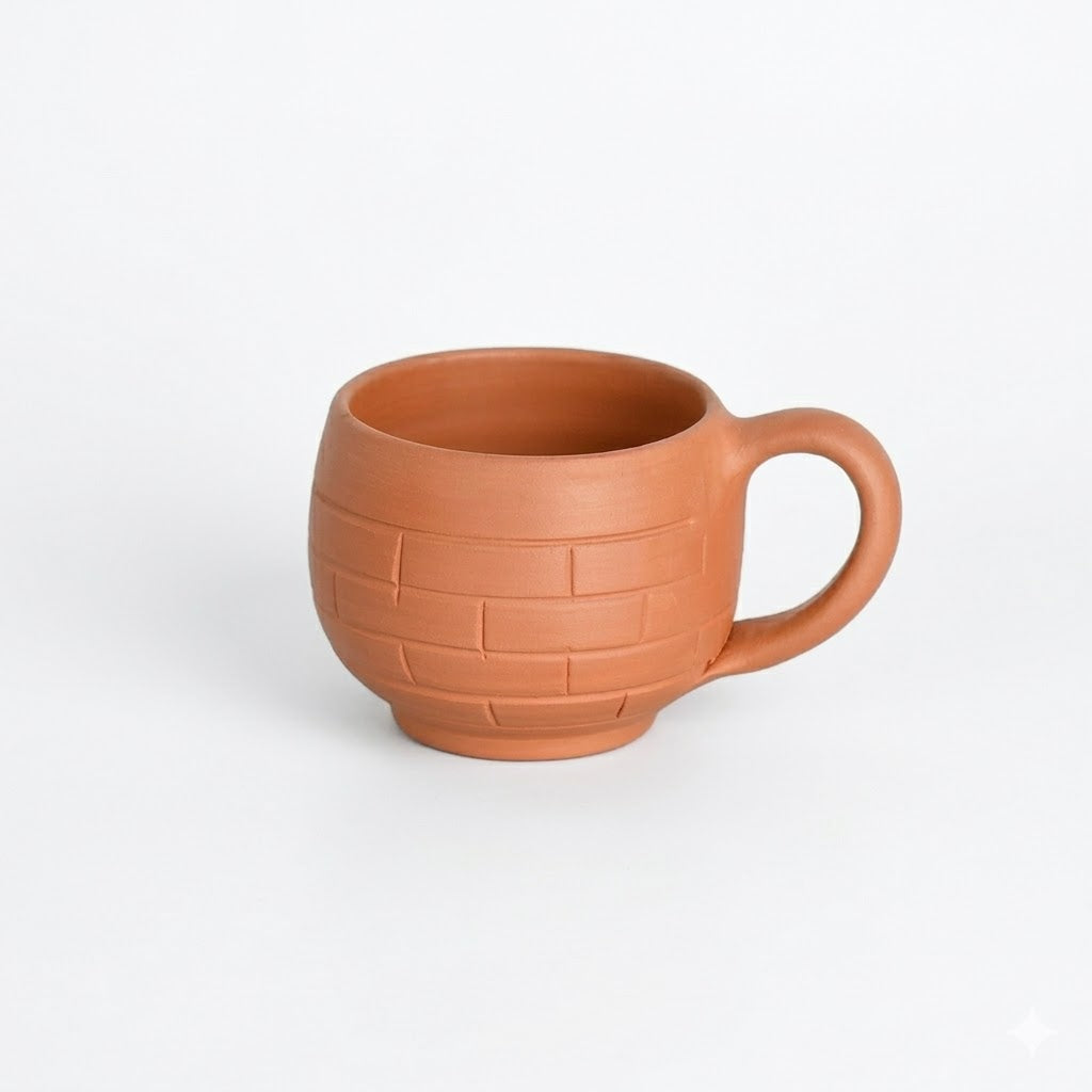 Handcrafted Brick Pattern Terracotta Clay Mug with Handle